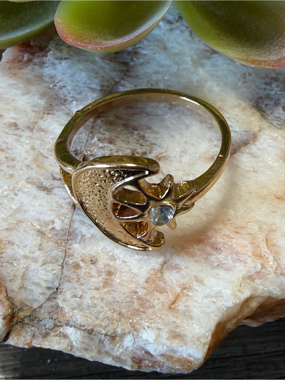 Gold Floral Accent Ring with Clear Stone